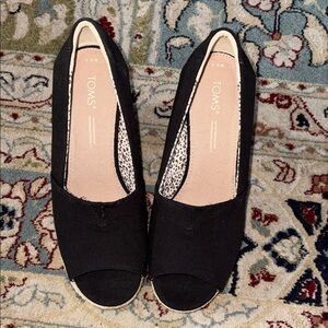 TOMS Black Canvas Peep-Toe Flats with Leopard Lining
